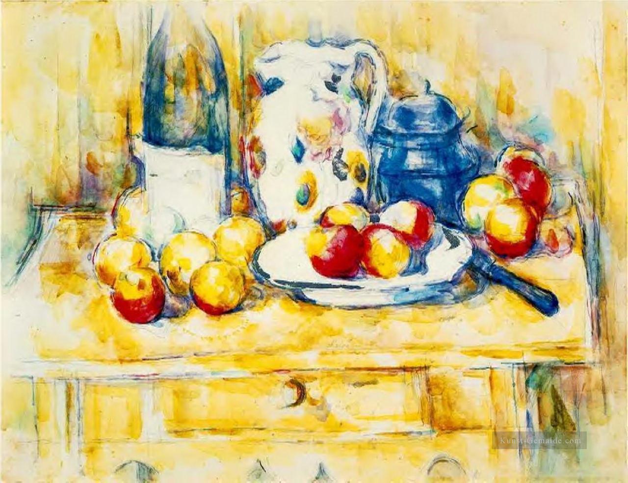 Stillleben mit Äpfeln eine Flasche und ein Milch Topf Paul Cezanne Ölgemälde